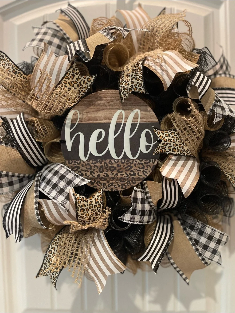 Hello Everyday Wreath in Burlap and Ribbon Leopard Wreath in Black, Tan, Cream